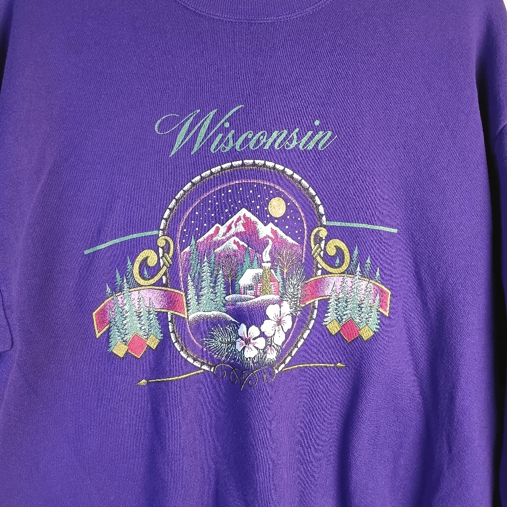 Vintage Wisconsin Sweatshirt Men's XL 90s Jerzees Crewneck Purple Graphic Print. - Picture 2 of 12